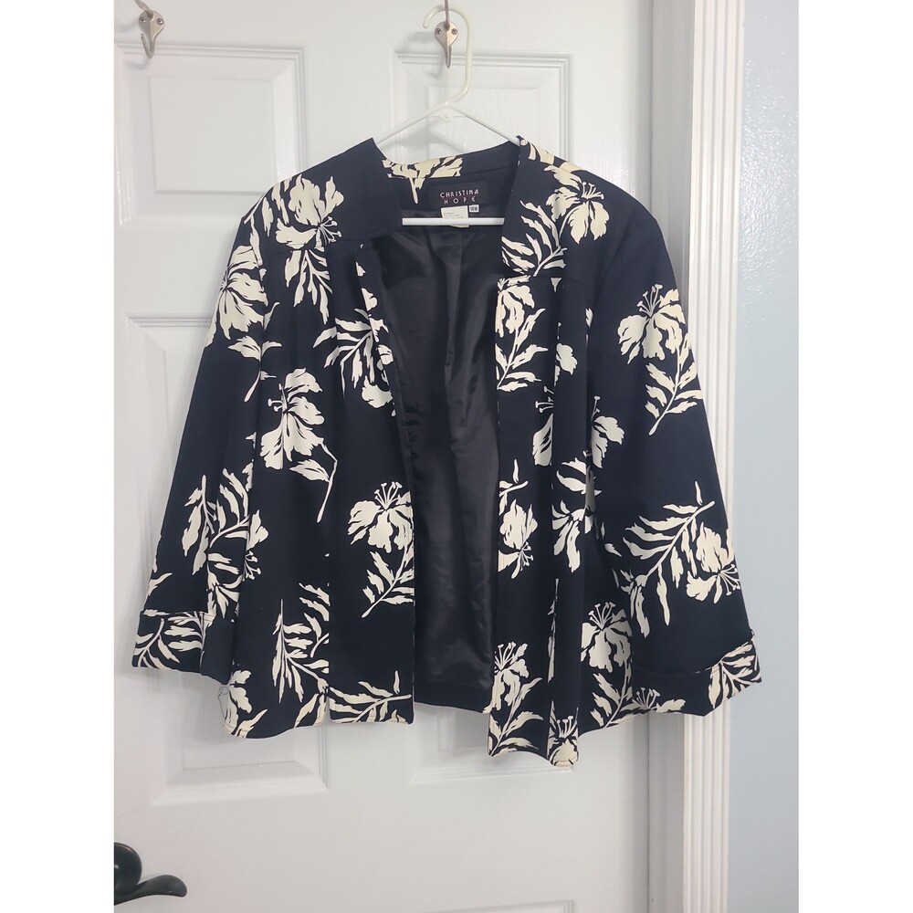 Christina Hope black open front blazer a white/ black floral sz 16W